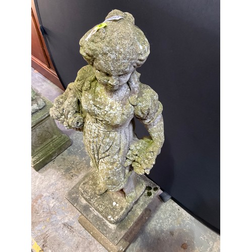 240 - VINTAGE WEATHERED CONCRETE FOUR SEASONS GARDEN STATUE ON PLINTH H48