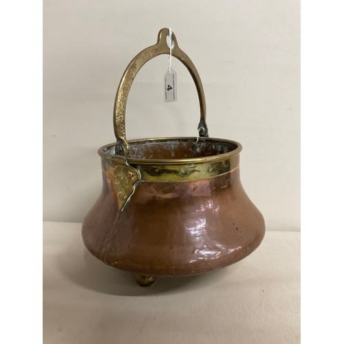 4 - VICTORIAN COPPER AND BRASS BUCKET ON THREE FEET WITH HANDLE 15