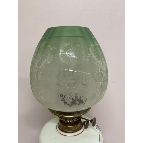8 - VICTORIAN OIL LAMP WITH BRASS PEDASTEL COLOURED GLASS BOWL DECORTED WITH FLOWERS AND A GREEN ETCHED ... 