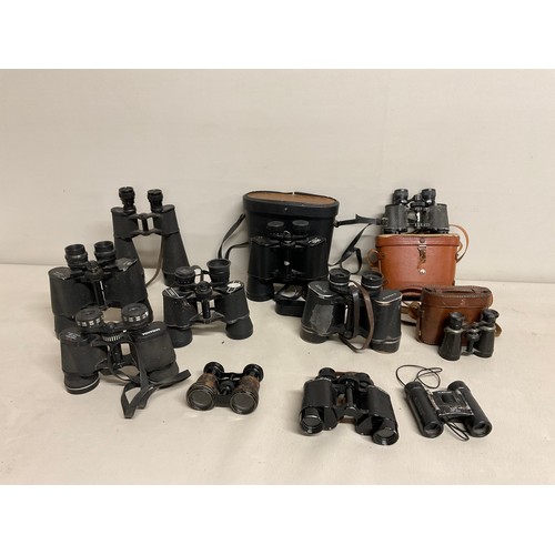 9 - BOX OF VINTAGE BINOCLUARS (SOME CASED) FIELD AND OPERA GLASSES ETC