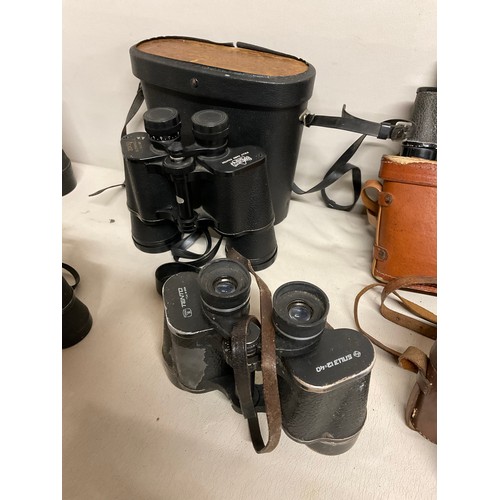 9 - BOX OF VINTAGE BINOCLUARS (SOME CASED) FIELD AND OPERA GLASSES ETC