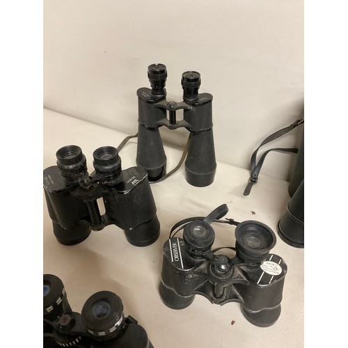 9 - BOX OF VINTAGE BINOCLUARS (SOME CASED) FIELD AND OPERA GLASSES ETC