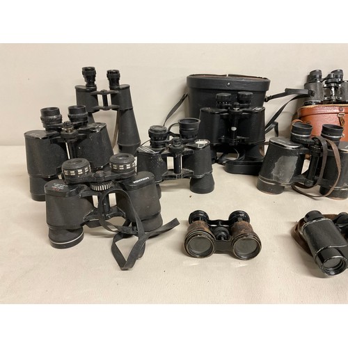 9 - BOX OF VINTAGE BINOCLUARS (SOME CASED) FIELD AND OPERA GLASSES ETC