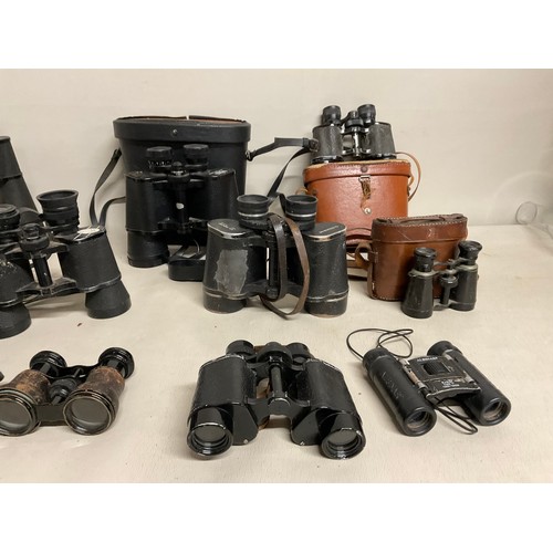 9 - BOX OF VINTAGE BINOCLUARS (SOME CASED) FIELD AND OPERA GLASSES ETC