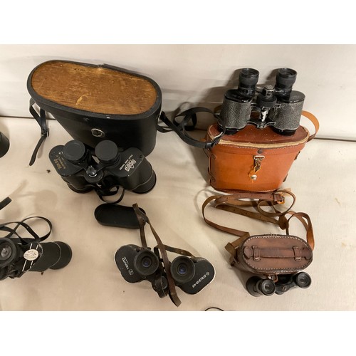 9 - BOX OF VINTAGE BINOCLUARS (SOME CASED) FIELD AND OPERA GLASSES ETC