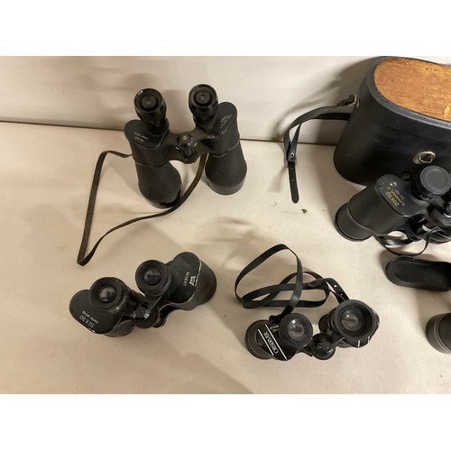 9 - BOX OF VINTAGE BINOCLUARS (SOME CASED) FIELD AND OPERA GLASSES ETC