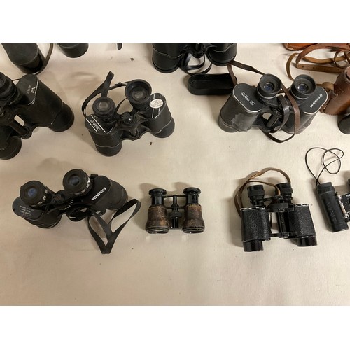 9 - BOX OF VINTAGE BINOCLUARS (SOME CASED) FIELD AND OPERA GLASSES ETC
