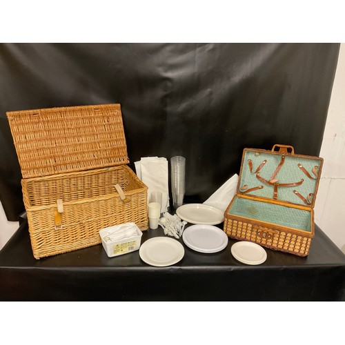 12 - LARGE WICKER PICNIC BASKET AND A SMALLER EXAMPLE WITH CONTENTS