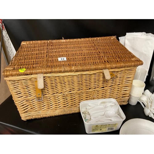 12 - LARGE WICKER PICNIC BASKET AND A SMALLER EXAMPLE WITH CONTENTS