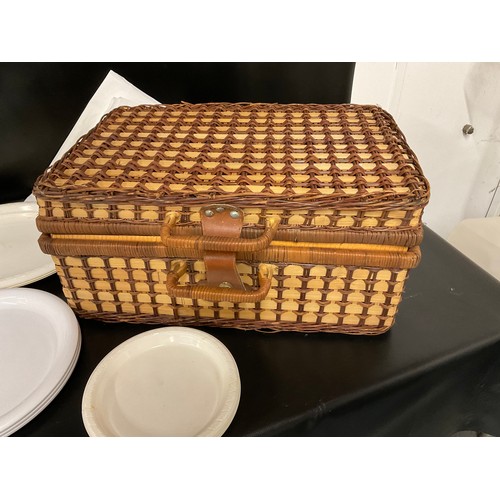 12 - LARGE WICKER PICNIC BASKET AND A SMALLER EXAMPLE WITH CONTENTS
