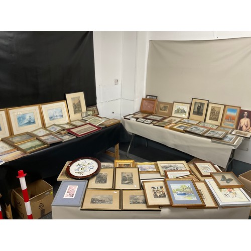 13 - 3 BOXES OF PICTURES, PRINTS, ENGRAVINGS ETC - TO INCLUDE A SIGNED PENCIL DRAWING OF WINNIE THE POOH