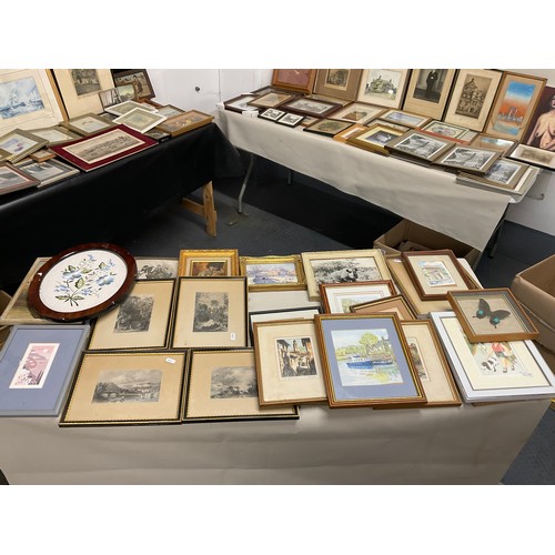 13 - 3 BOXES OF PICTURES, PRINTS, ENGRAVINGS ETC - TO INCLUDE A SIGNED PENCIL DRAWING OF WINNIE THE POOH