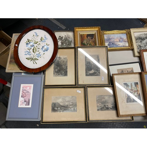 13 - 3 BOXES OF PICTURES, PRINTS, ENGRAVINGS ETC - TO INCLUDE A SIGNED PENCIL DRAWING OF WINNIE THE POOH