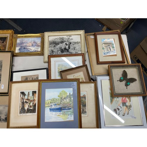 13 - 3 BOXES OF PICTURES, PRINTS, ENGRAVINGS ETC - TO INCLUDE A SIGNED PENCIL DRAWING OF WINNIE THE POOH