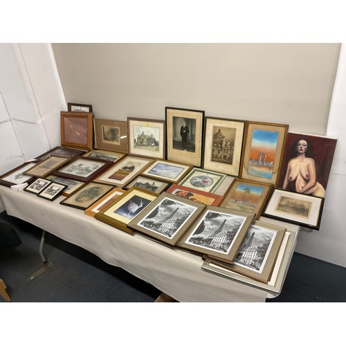 13 - 3 BOXES OF PICTURES, PRINTS, ENGRAVINGS ETC - TO INCLUDE A SIGNED PENCIL DRAWING OF WINNIE THE POOH