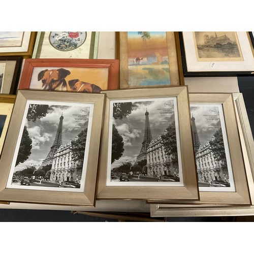 13 - 3 BOXES OF PICTURES, PRINTS, ENGRAVINGS ETC - TO INCLUDE A SIGNED PENCIL DRAWING OF WINNIE THE POOH