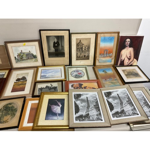 13 - 3 BOXES OF PICTURES, PRINTS, ENGRAVINGS ETC - TO INCLUDE A SIGNED PENCIL DRAWING OF WINNIE THE POOH