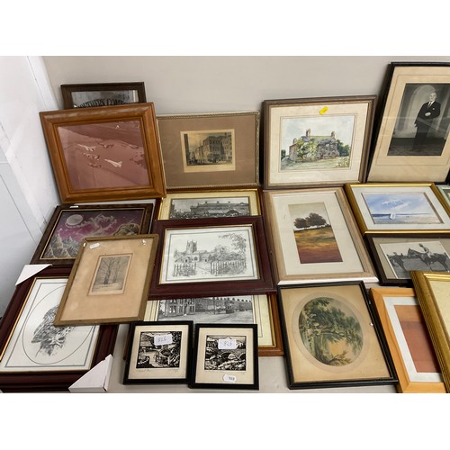 13 - 3 BOXES OF PICTURES, PRINTS, ENGRAVINGS ETC - TO INCLUDE A SIGNED PENCIL DRAWING OF WINNIE THE POOH