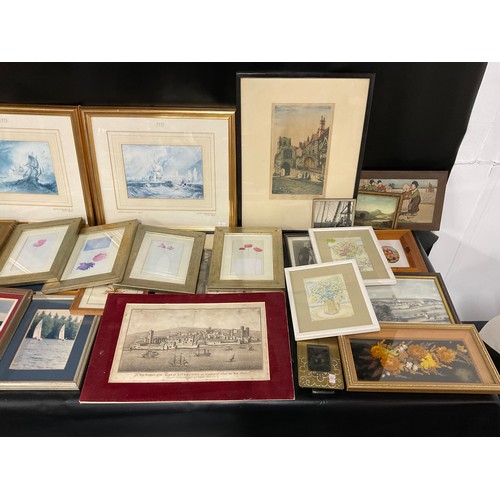 13 - 3 BOXES OF PICTURES, PRINTS, ENGRAVINGS ETC - TO INCLUDE A SIGNED PENCIL DRAWING OF WINNIE THE POOH