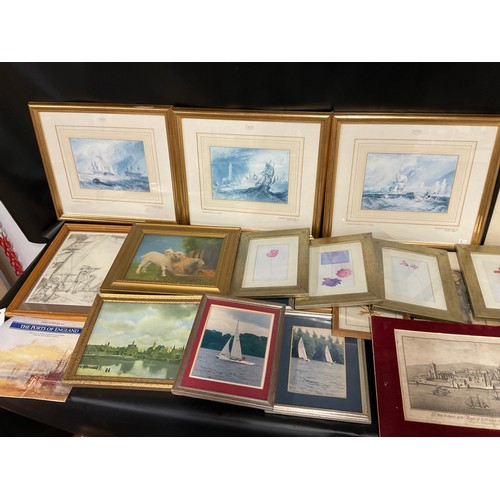 13 - 3 BOXES OF PICTURES, PRINTS, ENGRAVINGS ETC - TO INCLUDE A SIGNED PENCIL DRAWING OF WINNIE THE POOH