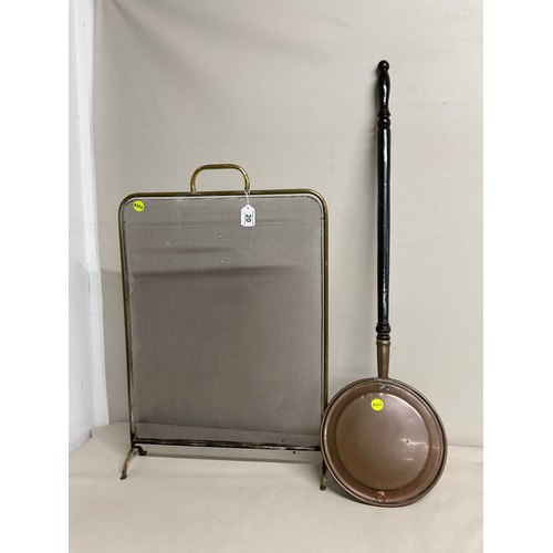 20 - COPPER WARMING PAN + VINTAGE BRASS MESH FRAMED SPARK GUARD