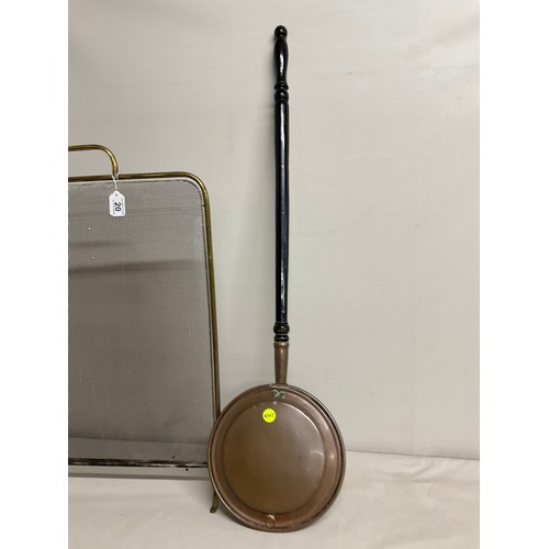 20 - COPPER WARMING PAN + VINTAGE BRASS MESH FRAMED SPARK GUARD