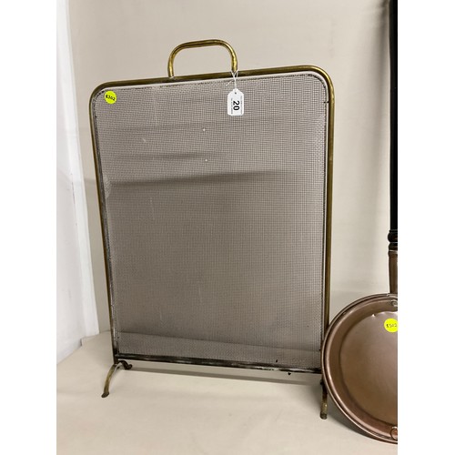 20 - COPPER WARMING PAN + VINTAGE BRASS MESH FRAMED SPARK GUARD