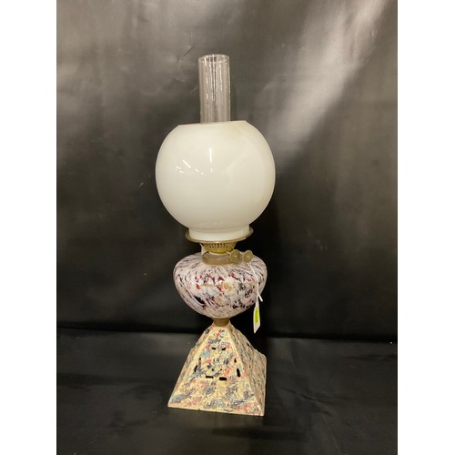 23 - VICTORIAN OIL LAMP ON PAINTED CAST IRON BASE WITH MURANO STYLE BOWL A/F AND WHITE GLASS SHADE COMPLE... 