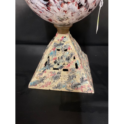 23 - VICTORIAN OIL LAMP ON PAINTED CAST IRON BASE WITH MURANO STYLE BOWL A/F AND WHITE GLASS SHADE COMPLE... 