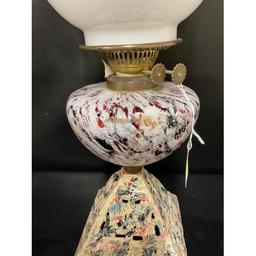 23 - VICTORIAN OIL LAMP ON PAINTED CAST IRON BASE WITH MURANO STYLE BOWL A/F AND WHITE GLASS SHADE COMPLE... 