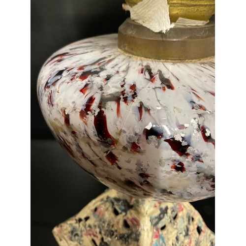 23 - VICTORIAN OIL LAMP ON PAINTED CAST IRON BASE WITH MURANO STYLE BOWL A/F AND WHITE GLASS SHADE COMPLE... 
