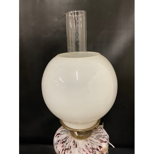 23 - VICTORIAN OIL LAMP ON PAINTED CAST IRON BASE WITH MURANO STYLE BOWL A/F AND WHITE GLASS SHADE COMPLE... 