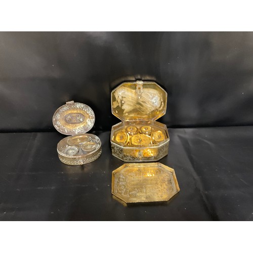 26 - 2 VINTAGE BRASS SPICE BOXES AND CONTENTS - ONE WITH FITTED INTERIOR - A/F