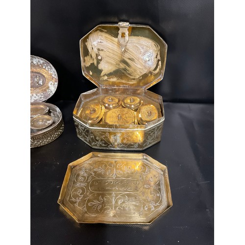 26 - 2 VINTAGE BRASS SPICE BOXES AND CONTENTS - ONE WITH FITTED INTERIOR - A/F
