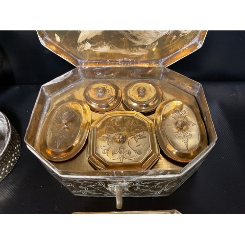 26 - 2 VINTAGE BRASS SPICE BOXES AND CONTENTS - ONE WITH FITTED INTERIOR - A/F