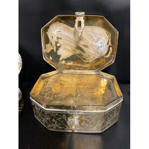 26 - 2 VINTAGE BRASS SPICE BOXES AND CONTENTS - ONE WITH FITTED INTERIOR - A/F