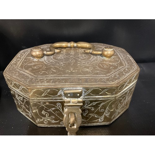 26 - 2 VINTAGE BRASS SPICE BOXES AND CONTENTS - ONE WITH FITTED INTERIOR - A/F