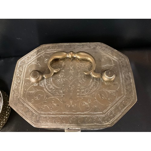 26 - 2 VINTAGE BRASS SPICE BOXES AND CONTENTS - ONE WITH FITTED INTERIOR - A/F