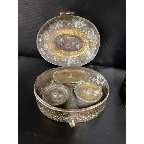 26 - 2 VINTAGE BRASS SPICE BOXES AND CONTENTS - ONE WITH FITTED INTERIOR - A/F
