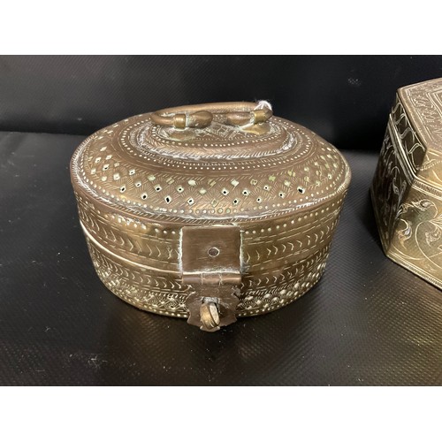 26 - 2 VINTAGE BRASS SPICE BOXES AND CONTENTS - ONE WITH FITTED INTERIOR - A/F