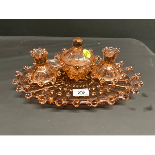 29 - VINTAGE 4 PIECE COLOURED GLASS DRESSING TABLE SET