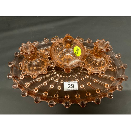 29 - VINTAGE 4 PIECE COLOURED GLASS DRESSING TABLE SET