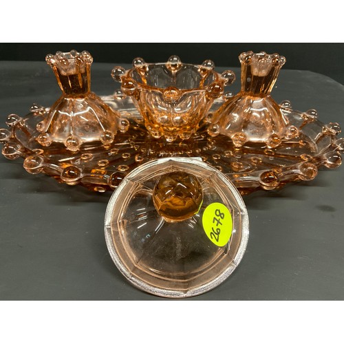 29 - VINTAGE 4 PIECE COLOURED GLASS DRESSING TABLE SET