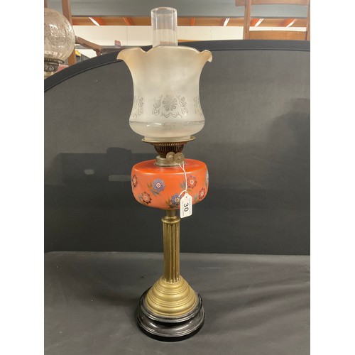 30 - VICTORIAN BRASS CORINTHIAN COLUMN OIL LAMP WITH COLOURED GLASS BOWL (FLOWER DECORATION) COMPLETE WIT... 