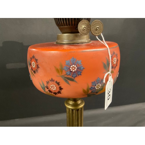 30 - VICTORIAN BRASS CORINTHIAN COLUMN OIL LAMP WITH COLOURED GLASS BOWL (FLOWER DECORATION) COMPLETE WIT... 