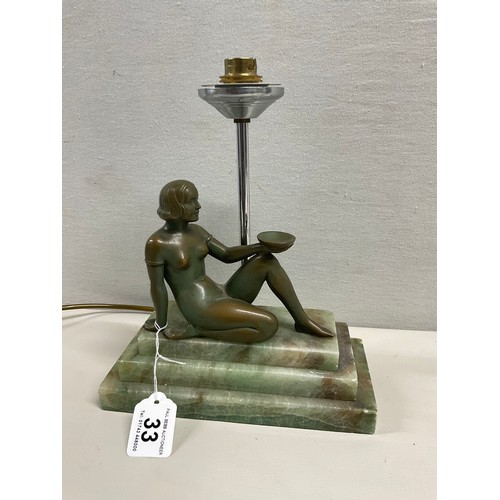 33 - FRENCH ART DECO  3 TIER MARBLE BASE LAMP WITH BRONZE PATINATED LADY FIGURE AND CHROME LIGHT 8.5