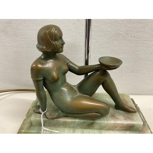 33 - FRENCH ART DECO  3 TIER MARBLE BASE LAMP WITH BRONZE PATINATED LADY FIGURE AND CHROME LIGHT 8.5