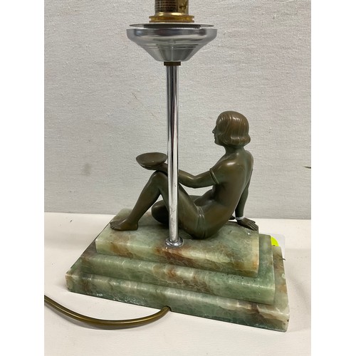 33 - FRENCH ART DECO  3 TIER MARBLE BASE LAMP WITH BRONZE PATINATED LADY FIGURE AND CHROME LIGHT 8.5