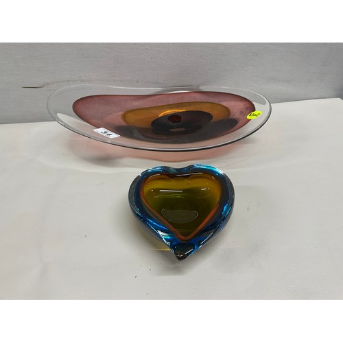 34 - 2 HEAVY COLOURED GLASS BOWLS ONE HEART SHAPED