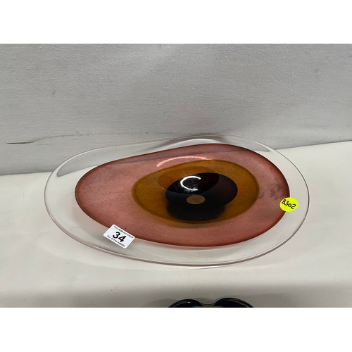 34 - 2 HEAVY COLOURED GLASS BOWLS ONE HEART SHAPED